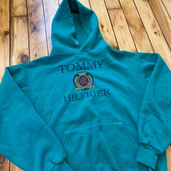Vintage 1990s Green Tommy Hilfiger Graphic Hoodie Size Medium - Picture 1 of 5